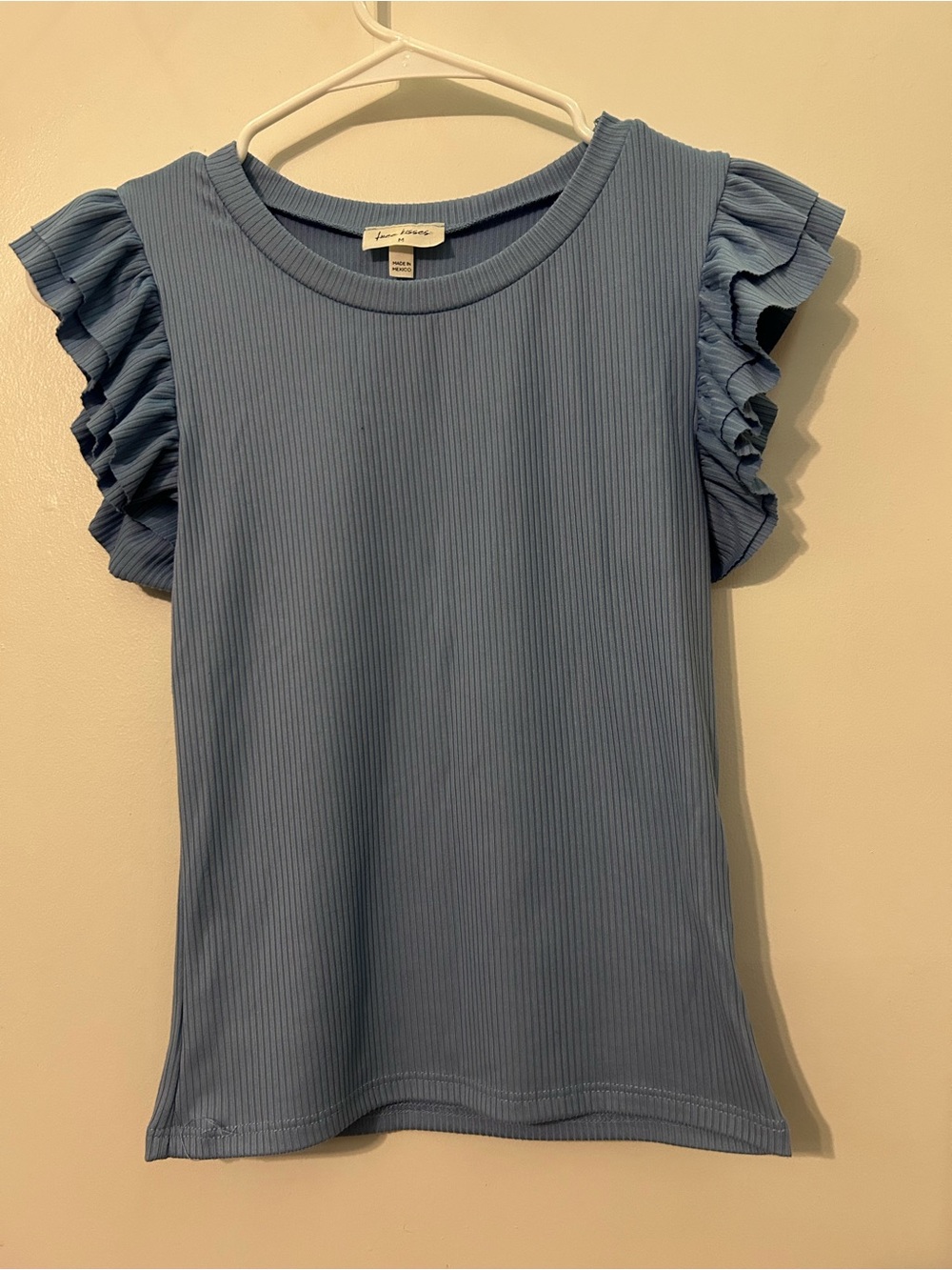 Blue Ruffled Sleeve Ribbed Tank Top